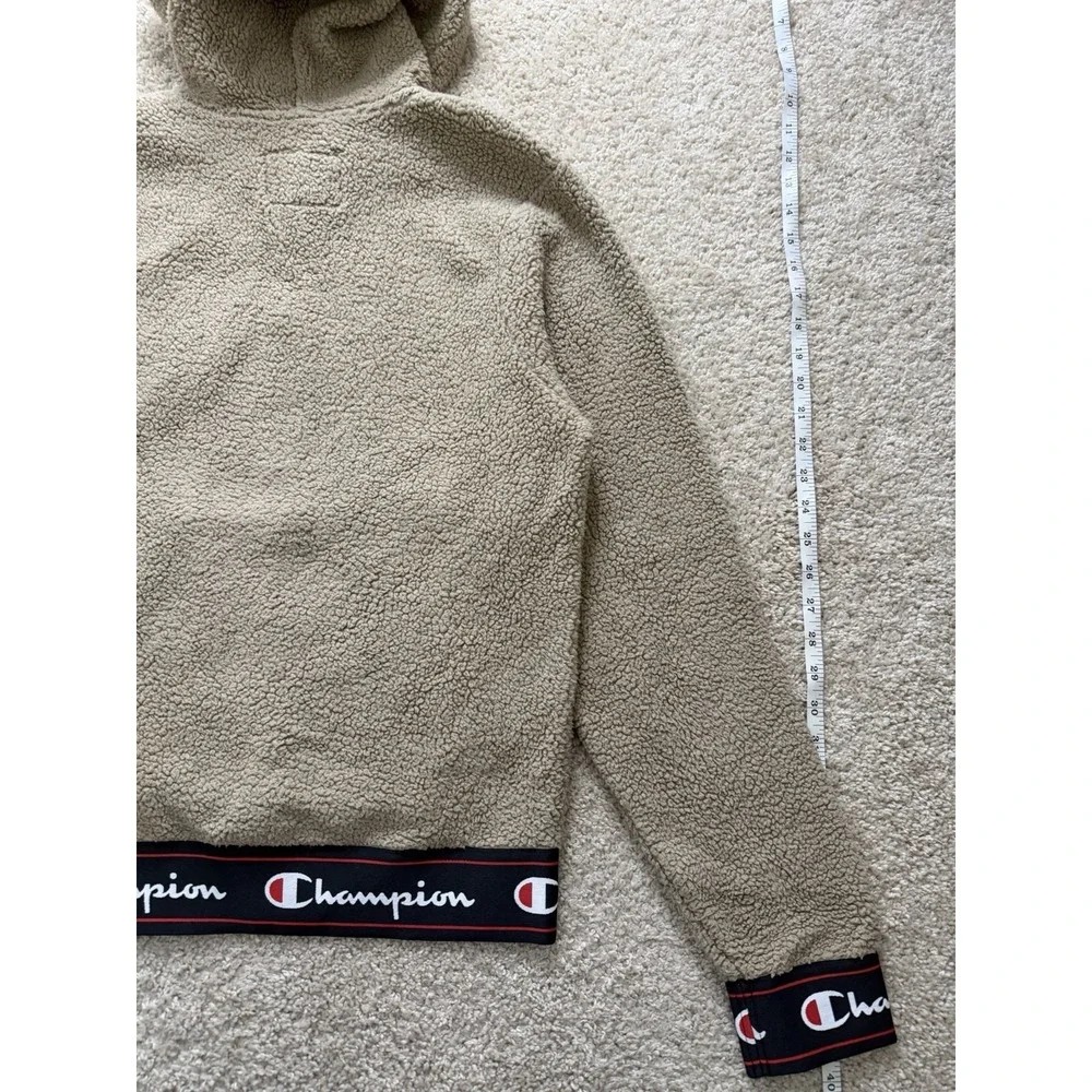Champion Sherpa Fleece Hoodie Big C Logo 1/4 Zip Pullover Tan Beige Size Small